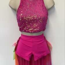 Hot pink sparkle crop top and skirted bustle shorts