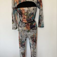 Graffiti print and black long sleeve leotard and sheer trousers