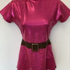 Bright pink metallic short sleeve top with attached brown belt