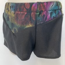 Black shorts with metallic flame design at waist