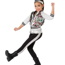 Multi colour sequin jacket with silver metallic dance top and black leggings