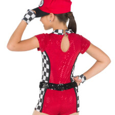 Red, black and white sequin racecar driver biketard with mitts and cap