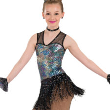 Black and silver sequin leotard, with gloves and choker (tutu or fringe skirt not included)
