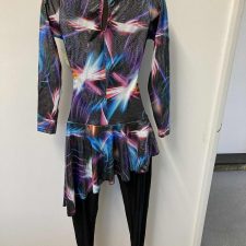 Metallic firework fabric and black catsuit with skirt