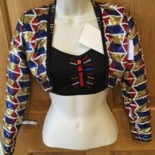 Black crop top and red, gold and blue sequin jacket