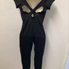 Black cap sleeved catsuit with criss cross back design