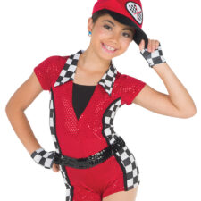Red, black and white sequin racecar driver biketard with mitts and cap