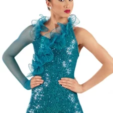 Turquoise sequin biketard with front ruffle and mesh sleeve