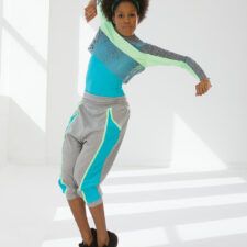Turquoise leotard and lime and grey over top with or without trousers