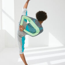 Turquoise leotard and lime and grey over top with or without trousers