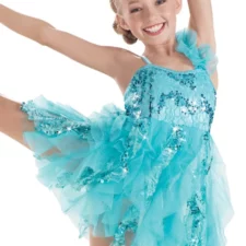 Gold and tan lace and sequin leotard with chiffon ruffles (shown in turquoise)