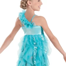 Gold and tan lace and sequin leotard with chiffon ruffles (shown in turquoise)