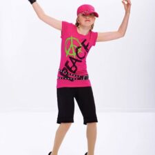 Pink 'peace' t-shirt with cropped trousers and hat