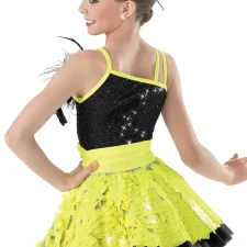 Bright blue and black net skirted biketard with sequins and feather embellishment (hair accessory not included)