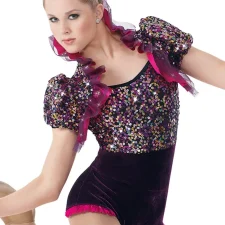 Dark purple velvet and sequin leotard with puff sleeve shrug