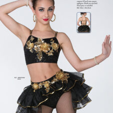 Black and gold crop top and skirt with floral applique