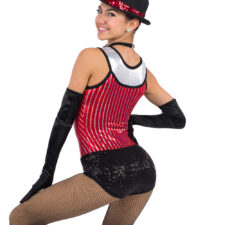 Red, black and silver metallic striped and sequin leotard with choker (gloves and hat not included)