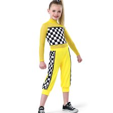 Yellow, black and white checkerboard cropped jumpsuit with mesh sleeves