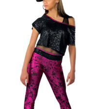 Metallic pink and black leggings and sequin over top (cap not included)