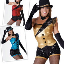 Gold and black sequin biketard with waistcoat design (hat and gloves not included)