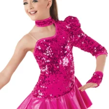 Hot pink sequin biketard with metallic skirt and single sleeve (gloves and hair accessory not included)