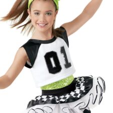 Neon green sequin, black and white skirted leotard with Number 01 over top  and mitts (bandana not included)