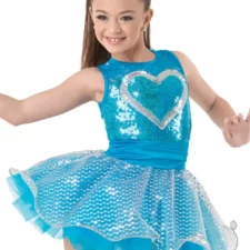 Turquoise and white sequin skirted biketard with heart design