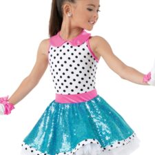 Turquoise, sequin pink and white spotty skirted leotard (includes gloves and hair bow)