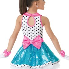 Turquoise, sequin pink and white spotty skirted leotard (includes gloves and hair bow)