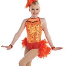 Bright orange skirted leotard with fringe and feather detail (hairpiece not included)