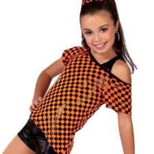 Bright orange and black check top with matching shorts and crop top