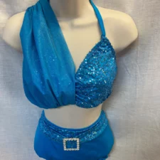 Arabian blue sequin crop top and briefs with belt and drape