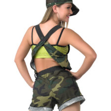 Camouflage print jumpsuit with metallic crop top and hat