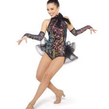 Black and multi colour sequin leotard with peplum and bow at neck and gloves