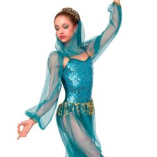 Turquoise sequin Arabian harem costume with gold accents and headpiece