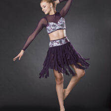 Plum mesh and white floral crop top and cascading chiffon skirt