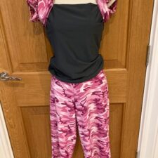Pink camo print cropped trousers and top