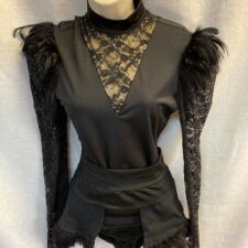 Black feather and lace leotard with feather skirted briefs