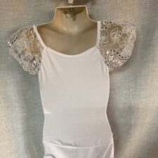 Silver and white embellished leotard and matching fringe skirt