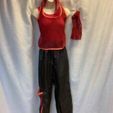 Red and black hip hop with lattice patterned top (scarf and gloves), leotard and trousers
