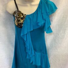 Turquoise skirted leotard with gold sparkles and ruffle detail