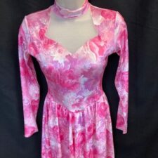 Pink velvet floral skirted leotard with mesh neckline
