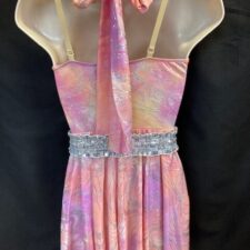Peach, pink and silver skirted biketard with silver belt