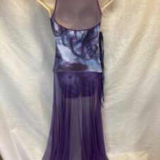 Purple print biketard with mesh neckline and long chiffon skirt attached to back