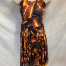 Black and orange flame fabric skirted leotard with handkerchief hem