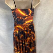 Black and orange flame fabric skirted leotard with handkerchief hem