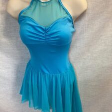 Turquoise skirted leotard with angled hem and mesh neckline