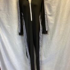 Black catsuit with white piping