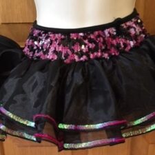 Black tutu skirt with pink animal print sequin waistband and iridescent ribbon trim