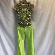 Metallic neon green flared trousers and zebra print top (with attached crop top)